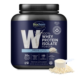 Biochem Whey Protein Isolate Powder - Vanilla Flavor, 20 Grams par portion, provenant de vaches herbeuses, non-OGM, végétarien, pas d'arômes artificiels ou d'édulcorants - soutient la masse musculaire et la performance