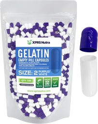 XPRS Nutra Taille 2 Capsules vides - 500 Compte Capsules de gélatine vides - Pills Bricolage Capsule Remplissage - Pure Pilule Gel Caps pour Do-It-Youlf Suppléments (Purple/White)